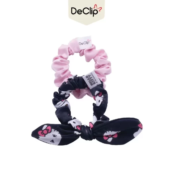 DeClip Scrunchie Satin Kelinci Set Motif Hello Kitty Head Black Pink