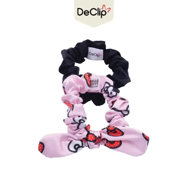 DeClip Scrunchie Satin Kelinci Set Motif Hello Kitty Head Pink Black