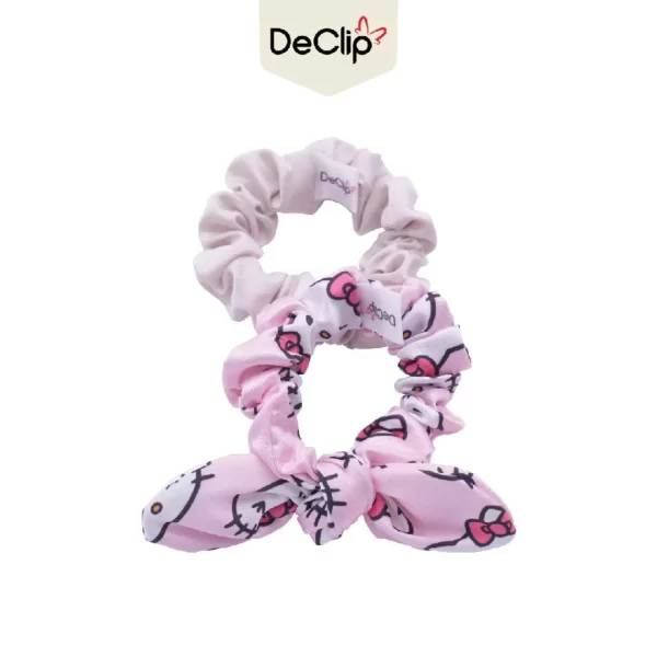 DeClip Scrunchie Satin Kelinci Set Motif Hello Kitty Head Pink Light Gray