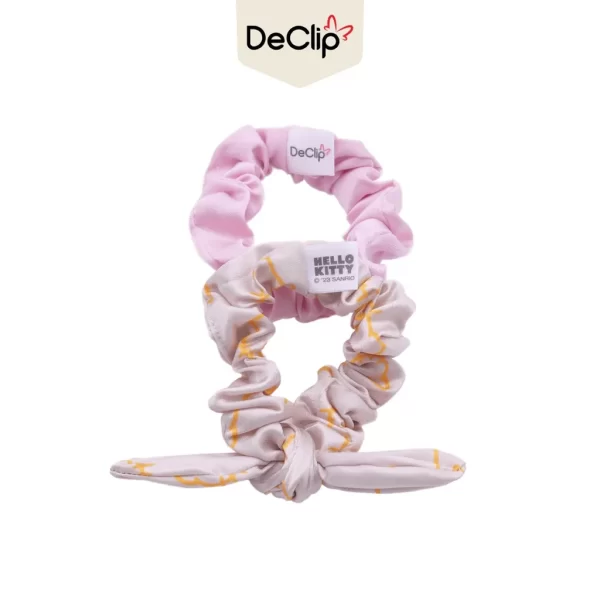 DeClip Scrunchie Satin Kelinci Set Motif Hello Kitty Line Art Light Gray Pink
