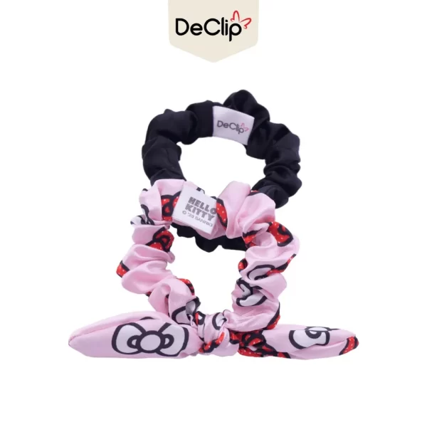 DeClip Scrunchie Satin Kelinci Set Motif Hello Kitty Ribbon Pink Black