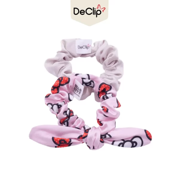 DeClip Scrunchie Satin Kelinci Set Motif Hello Kitty Ribbon Pink Light Gray