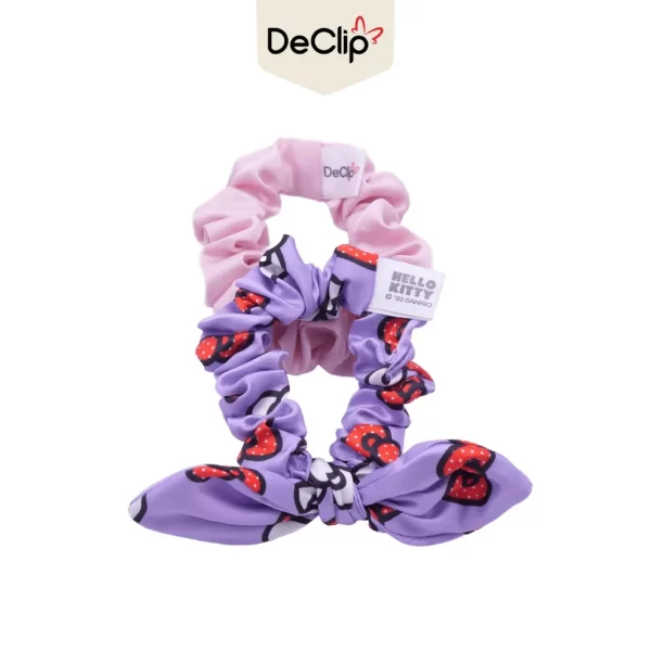 DeClip Scrunchie Satin Kelinci Set Motif Hello Kitty Ribbon Purple Pink