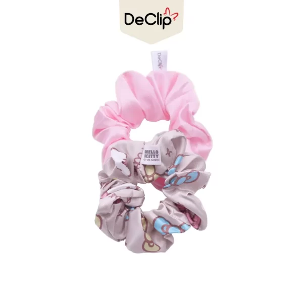 DeClip Scrunchie Satin Set Motif Hello Kitty Bow Polkadot Light Gray Pink