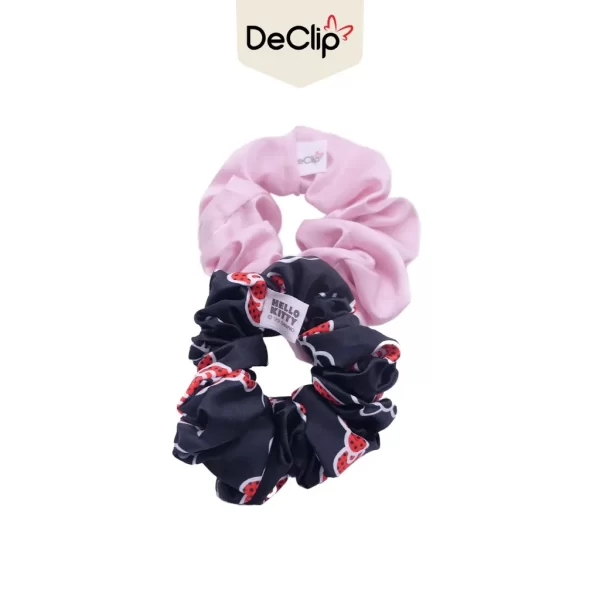 DeClip Scrunchie Satin Set Motif Hello Kitty Head Black Pink