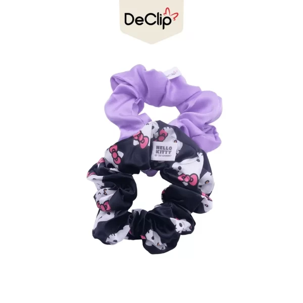 DeClip Scrunchie Satin Set Motif Hello Kitty Head Black Purple