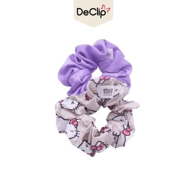 DeClip Scrunchie Satin Set Motif Hello Kitty Head Light Gray Purple