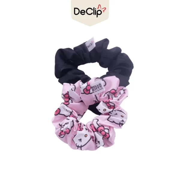DeClip Scrunchie Satin Set Motif Hello Kitty Head Pink Black