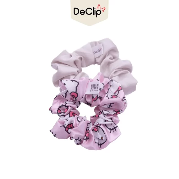 DeClip Scrunchie Satin Set Motif Hello Kitty Head Pink Light Gray