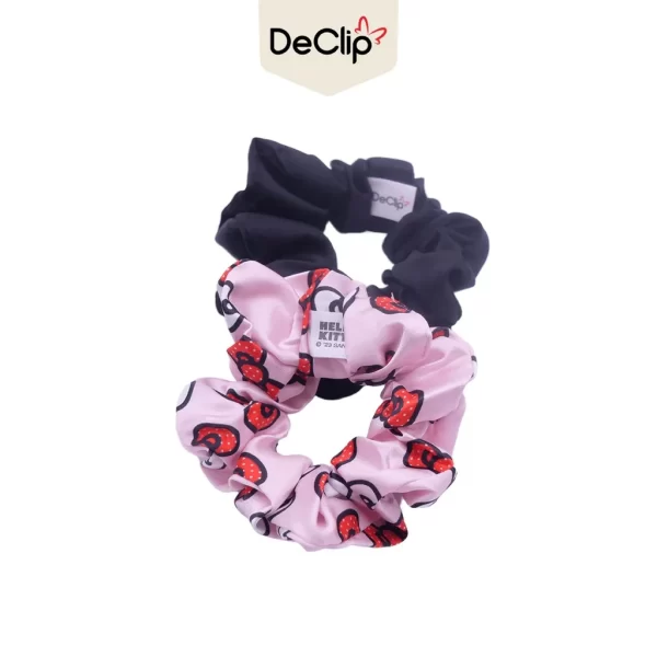 DeClip Scrunchie Satin Set Motif Hello Kitty Ribbon Pink Black